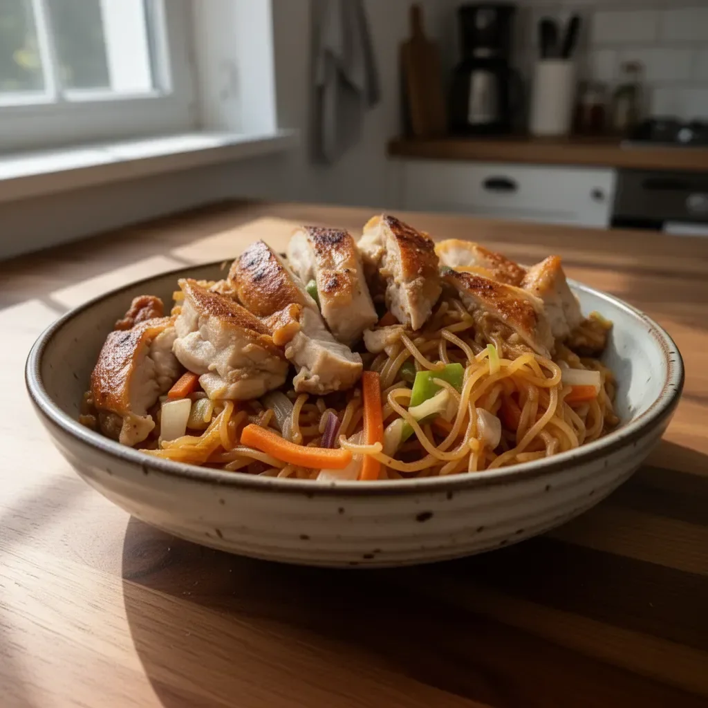 Makaron z dyni w stylu spaghetti chow mein podany na talerzu