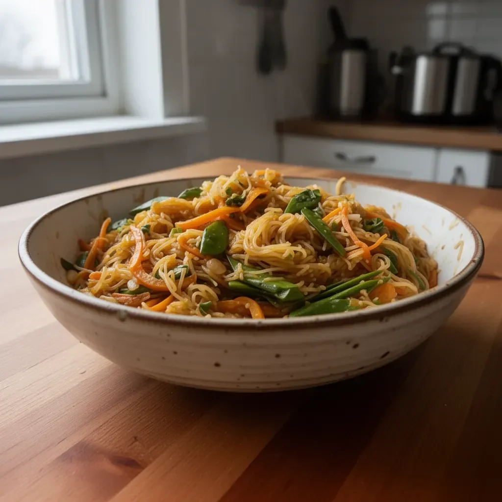 Makaron z dyni spaghetti po chow mein na talerzu z warzywami