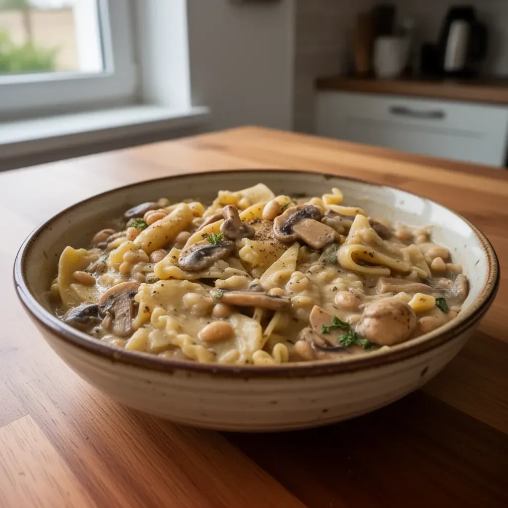 Makaron z grzybami i białą fasolą w garnku - pyszne i sycące danie
