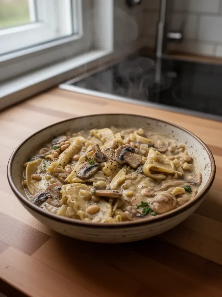 Makaron z grzybami i białą fasolą w jednym garnku