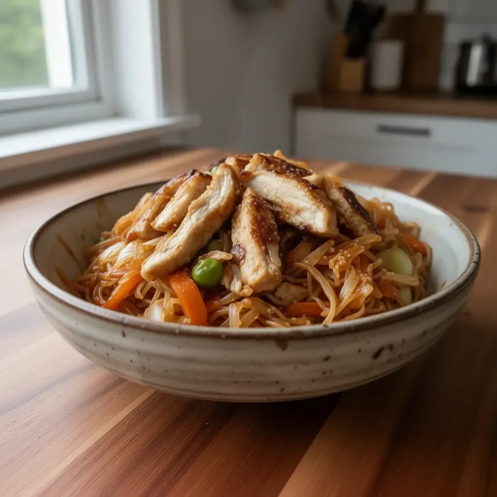 Miseczka Zimowego Chow Mein z makaronem i warzywami, idealne na zimowe dni.