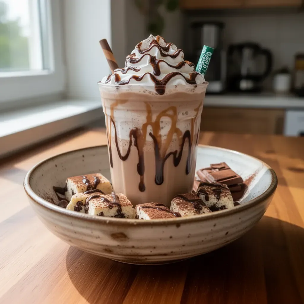 Pyszny Mocha Frappuccino z bitej śmietaną i czekoladą