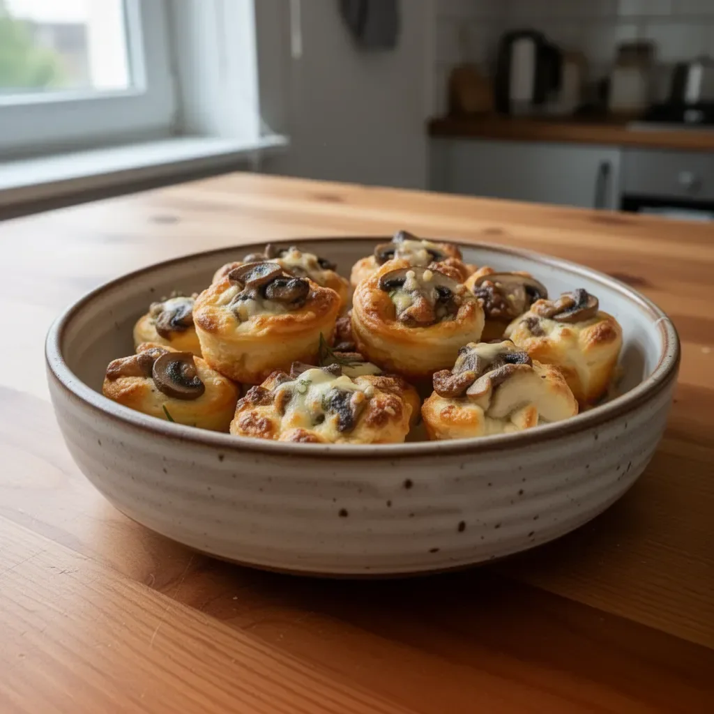 Muffinki z ciasta francuskiego z grzybami i serem na talerzu