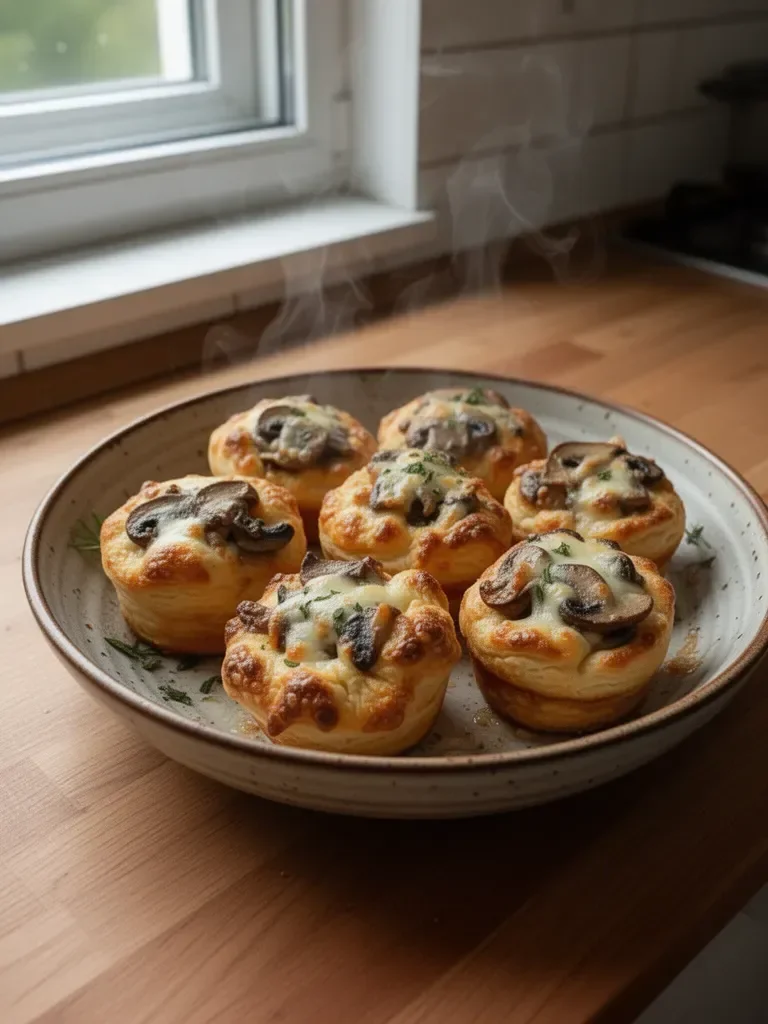 Muffinki z ciasta francuskiego z grzybami i serem