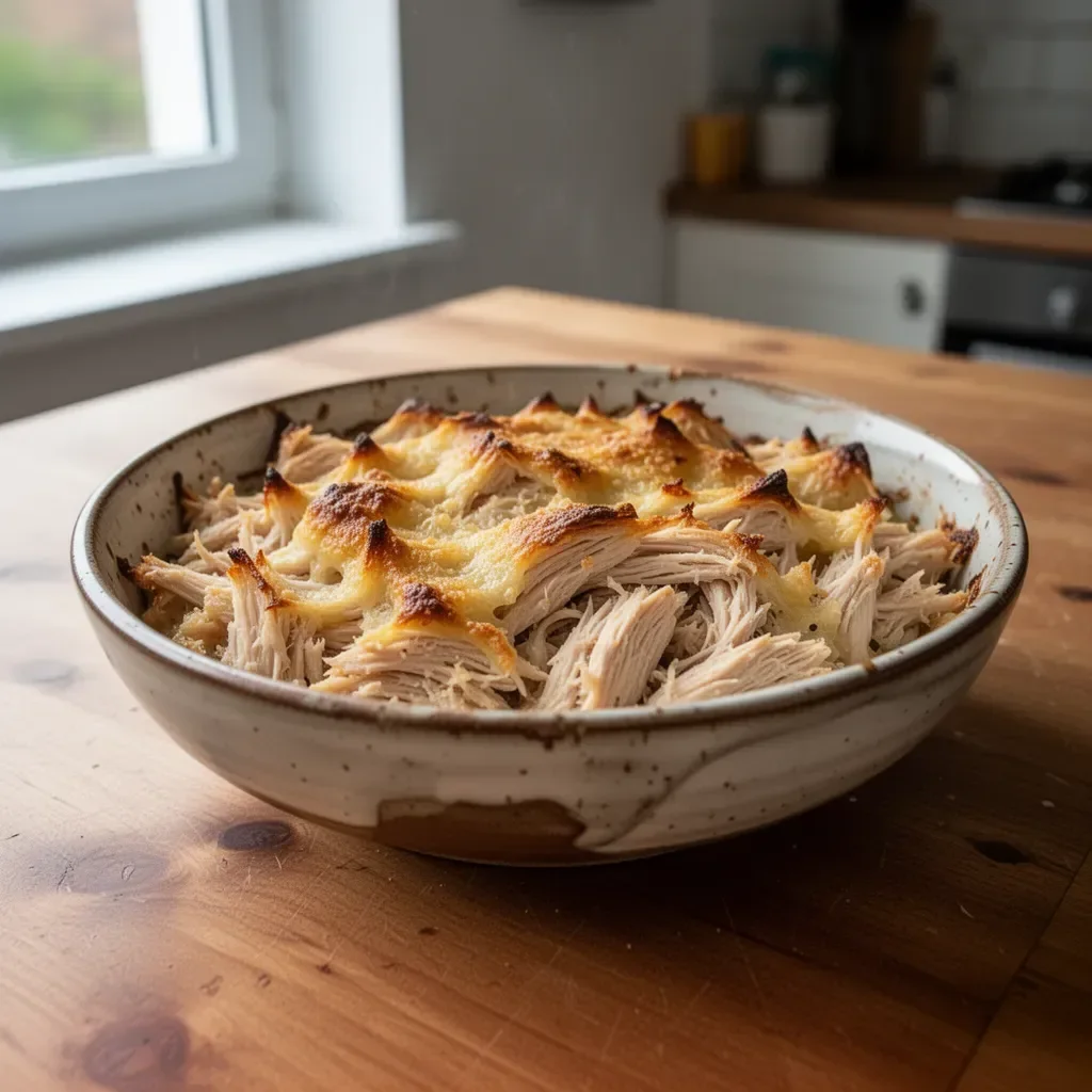 Zapiekanka z kurczaka z rotisserie na talerzu