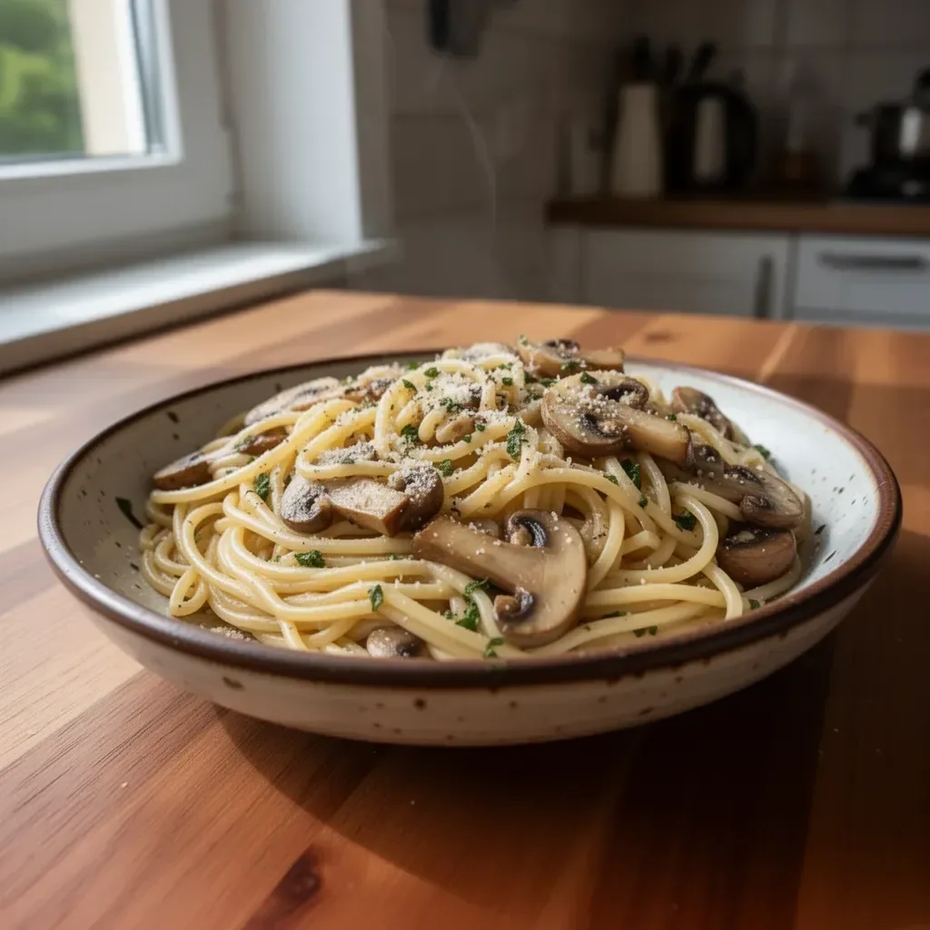 Spaghetti z grzybami i czosnkiem podane na talerzu