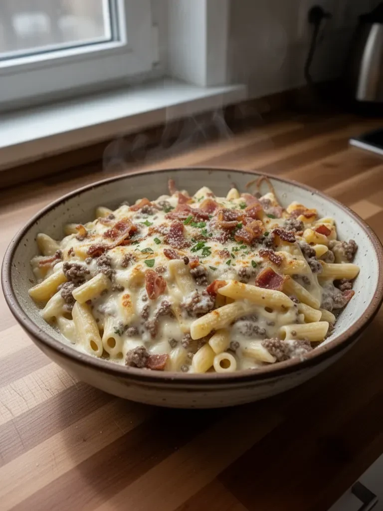 Naładowany makaron Alfredo z serem i bekonem.