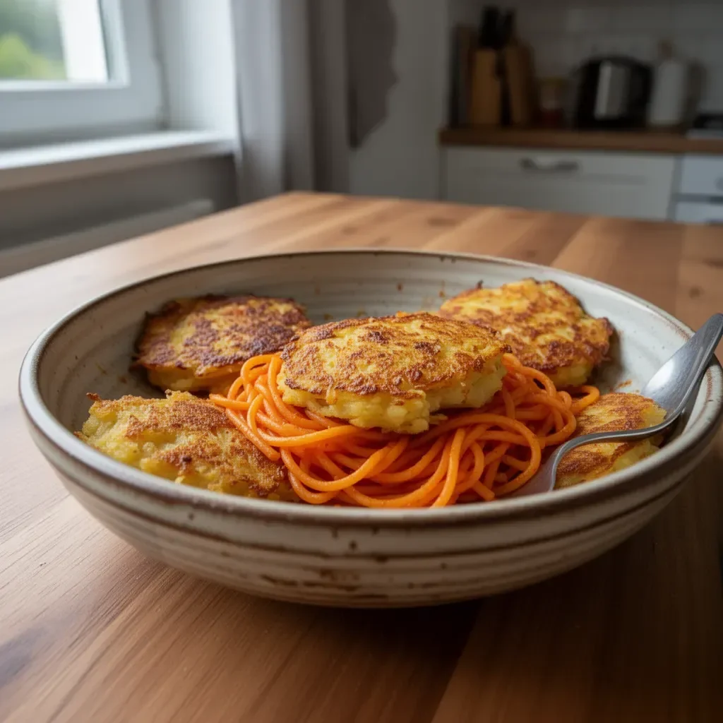 Niskowęglowodanowe placki ziemniaczane z dyni spaghetti na talerzu