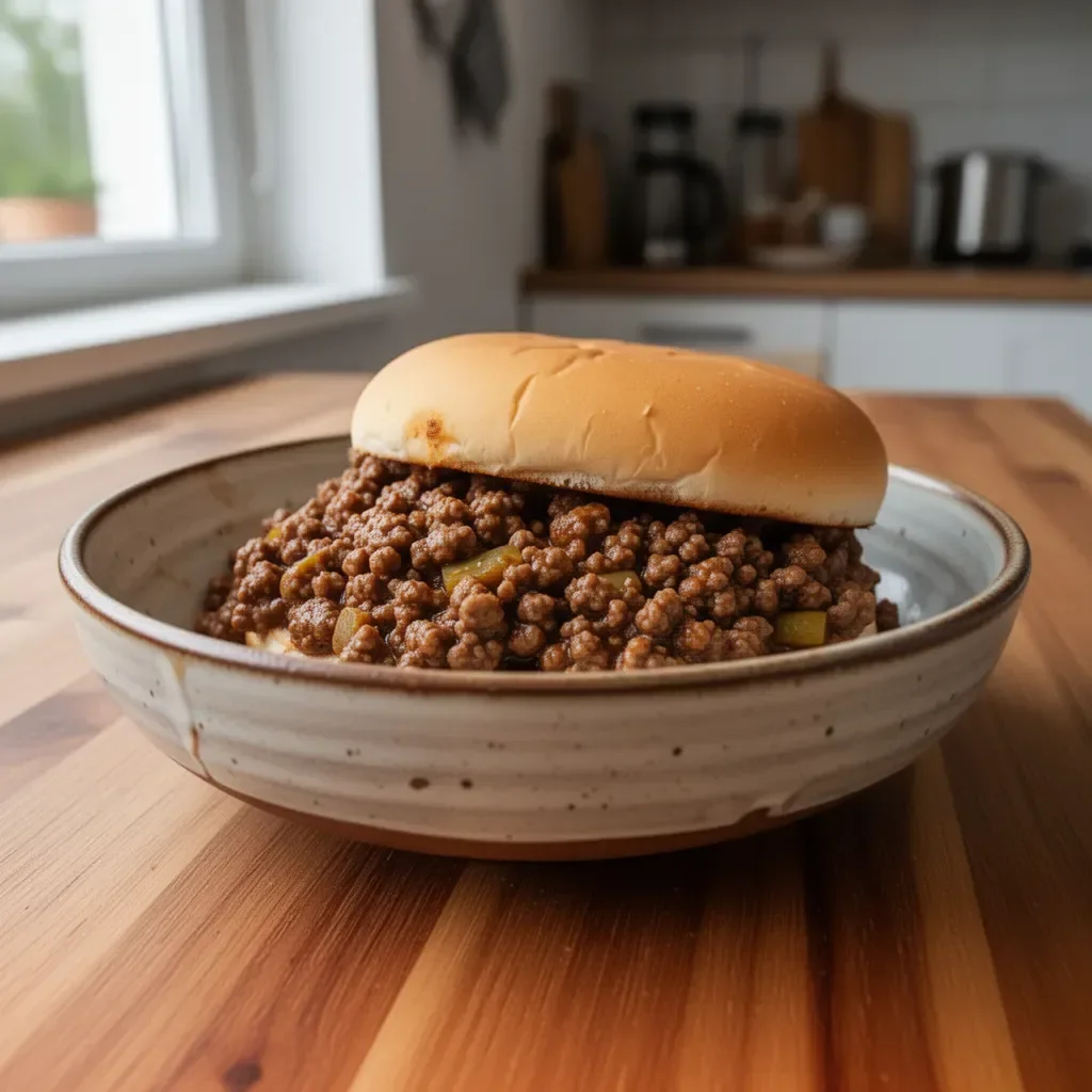 Ostateczne jagnięce Sloppy Joes z dodatkami na talerzu