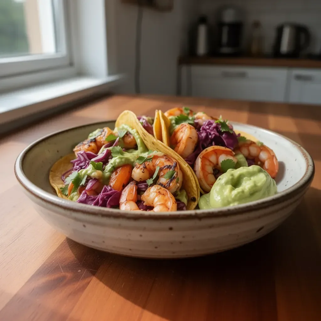 Ostre krewetkowe tacos z kremem awokado na talerzu