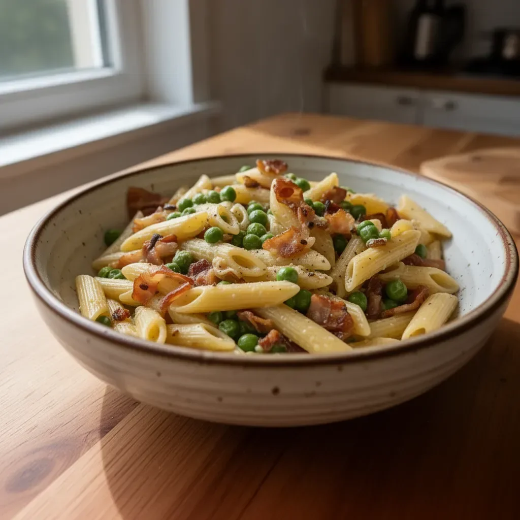 Pasta penne z groszkiem i bekonem - pyszne danie na talerzu.