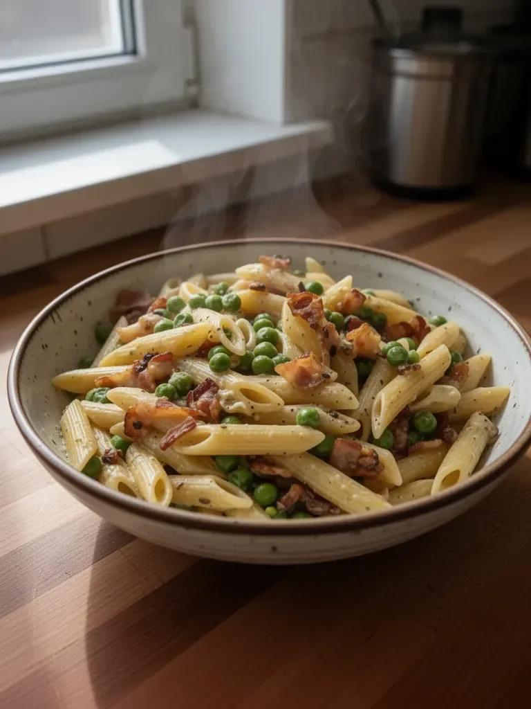 Pasta penne, groszek i bekon