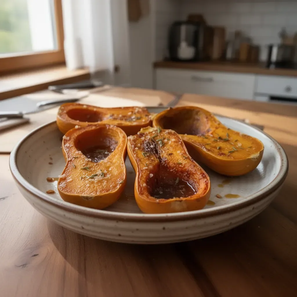 Pieczona dynia honeynut z syropem klonowym na talerzu