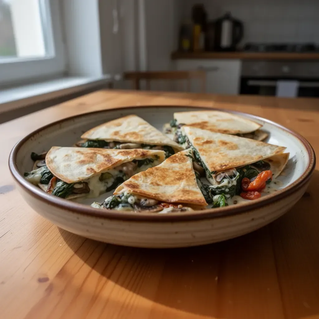 Pieczone quesadille ze szpinakiem i grzybami na talerzu