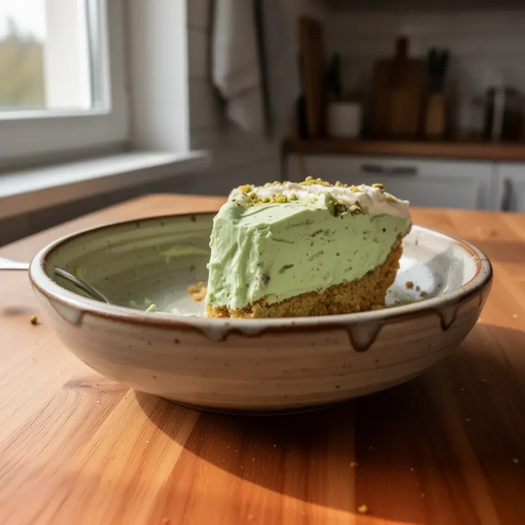 Pistacjowy pudding z kawałkami ciasta na talerzu