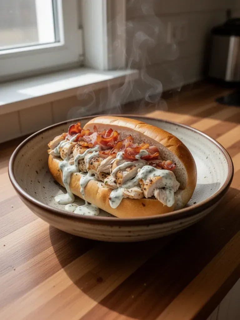 Pokrojona kanapka z kurczakiem, boczkiem i sosem ranch