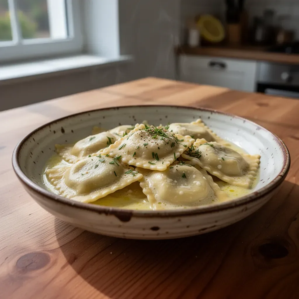 Ravioli z homarem w sosie masłowym cytrynowym na talerzu