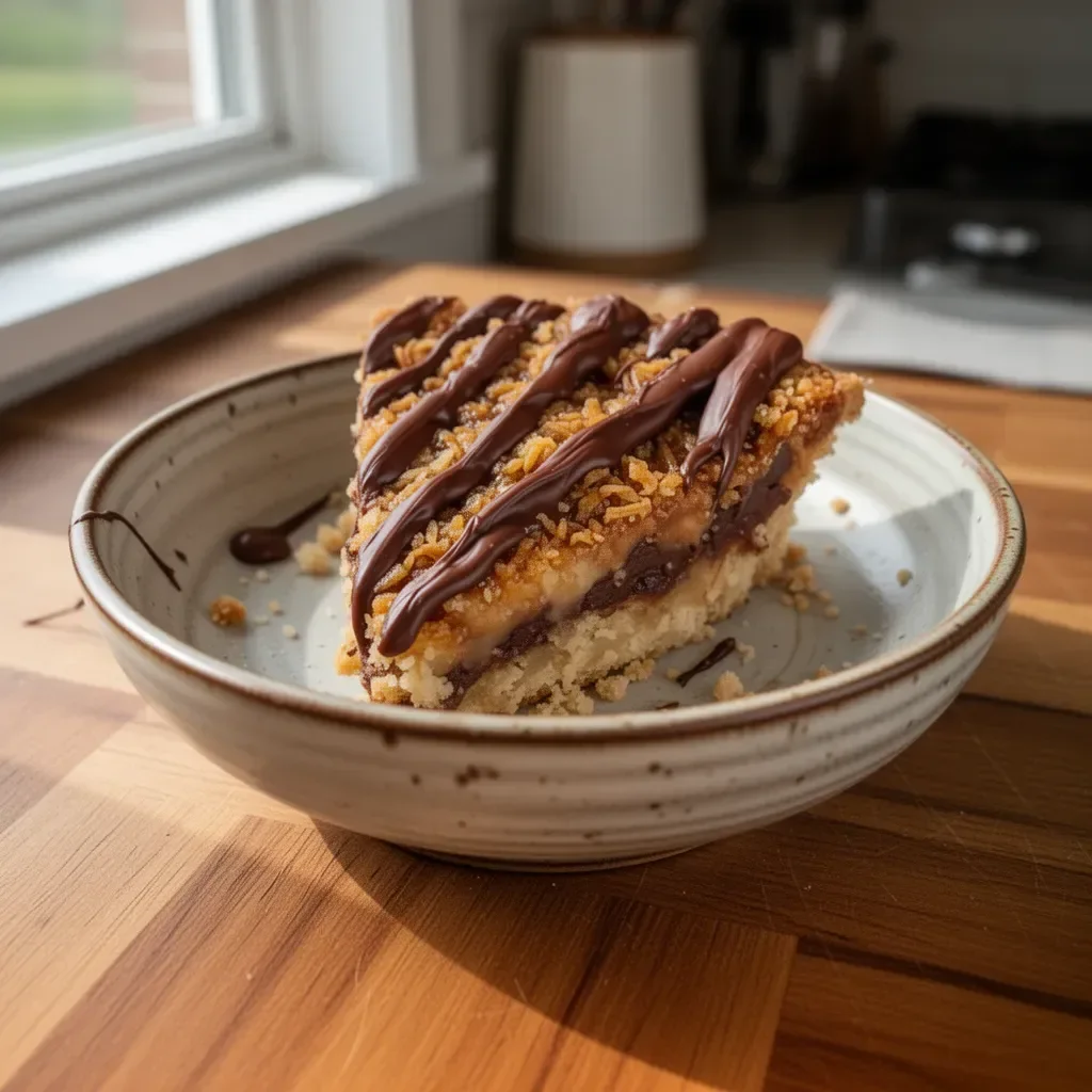 Smakowite Samoa Ciasto na talerzu z kokosem i czekoladą
