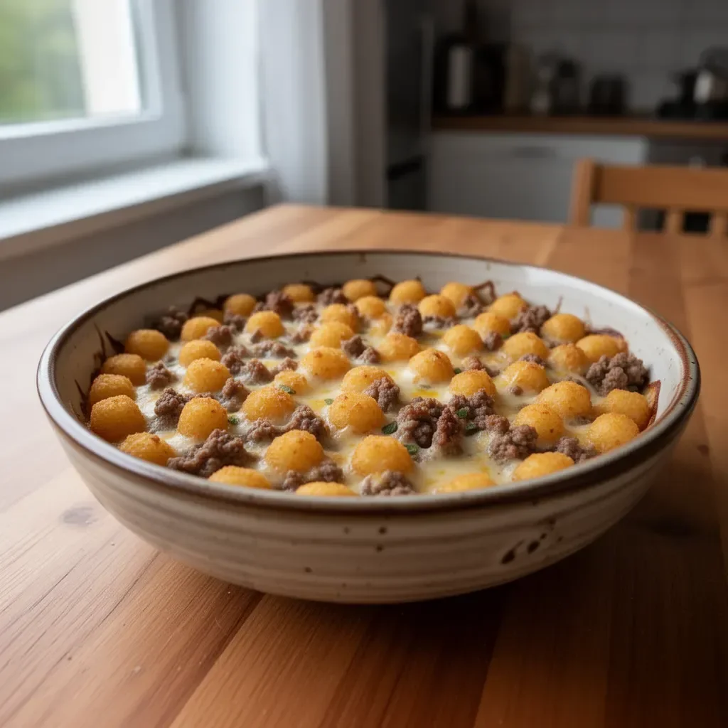 Słona zapiekanka z mielonej sarny i tater tots na talerzu