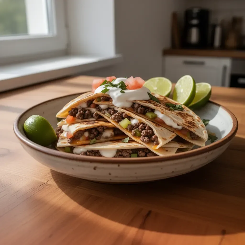 Smaczne quesadille z mielonym jeleniem na talerzu