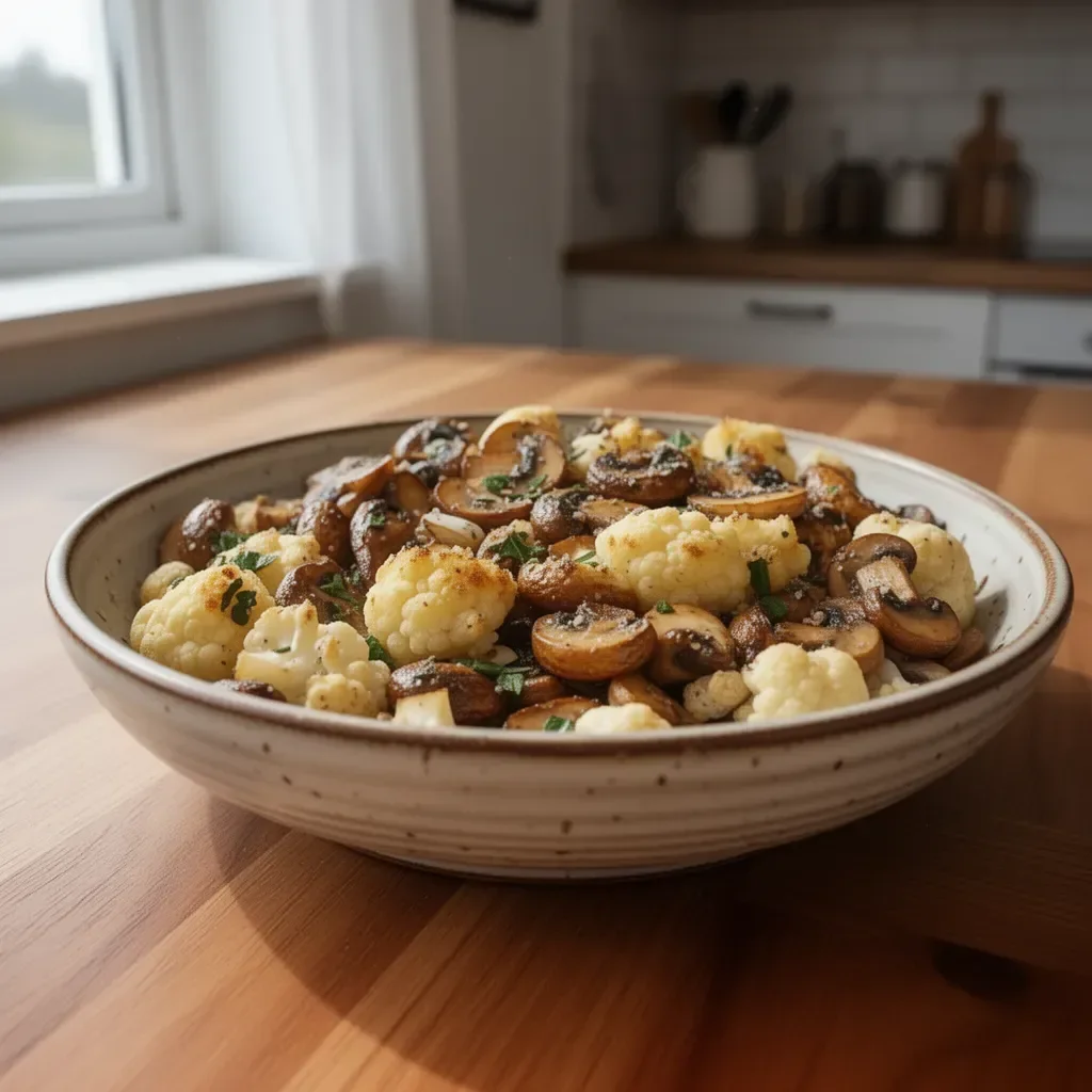 Smażona cauliflower z grzybami i czosnkiem na talerzu