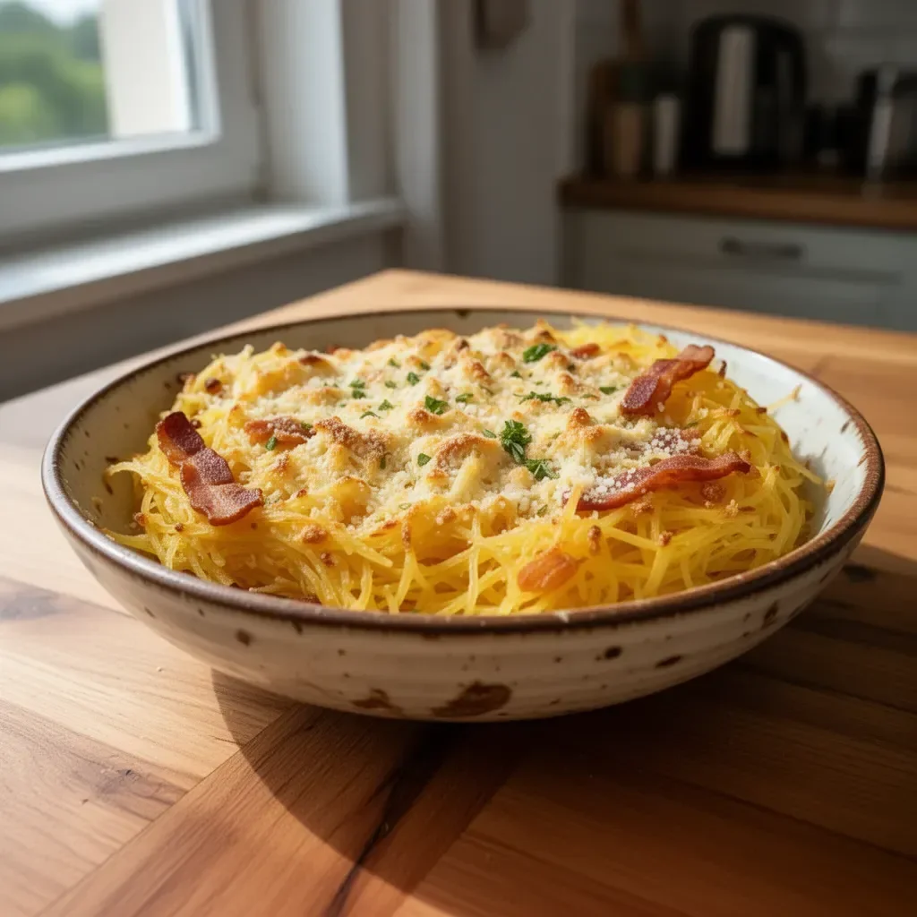 Spaghetti Squash Au Gratin z Boczkiem na talerzu