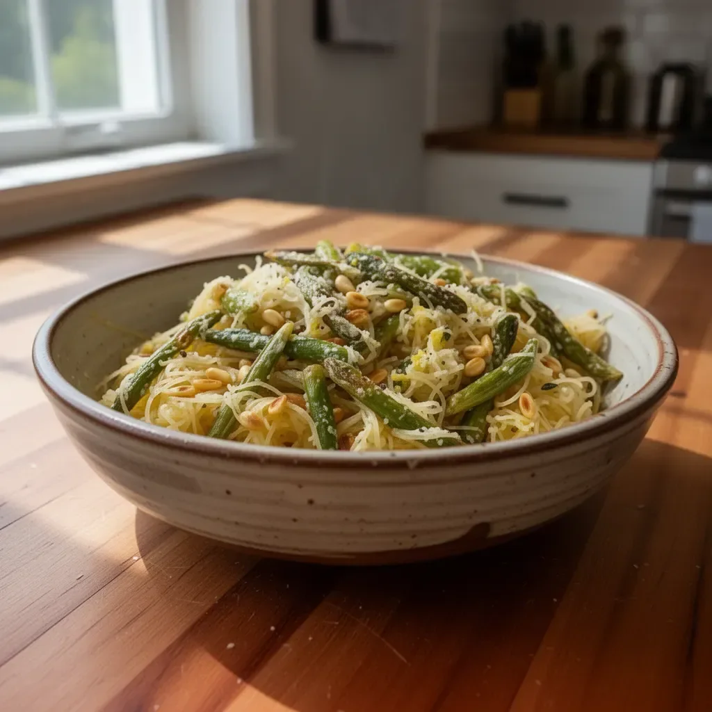 Spaghetti squash primavera z kolorowymi warzywami na talerzu