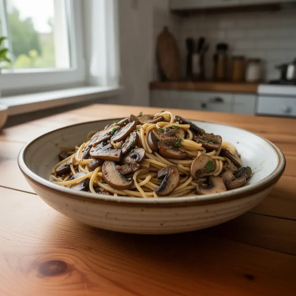 Spaghetti z grzybami w apetycznej prezentacji na talerzu