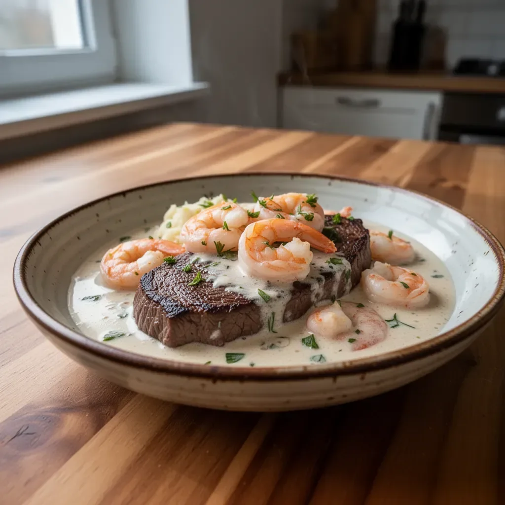 Steak i krewetki w kremowym sosie czosnkowym na talerzu