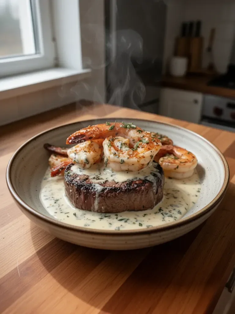 Steak i krewetki w kremowym sosie czosnkowym