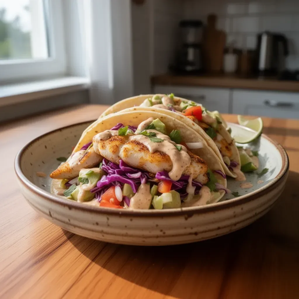 Pyszne tacos rybne z sosem taco na talerzu
