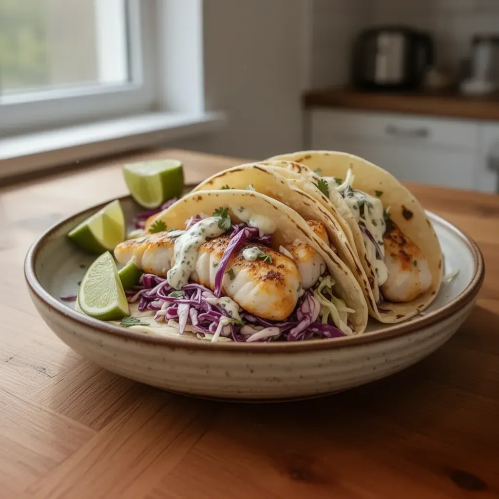 Tacos rybne z surówką z kapusty na talerzu