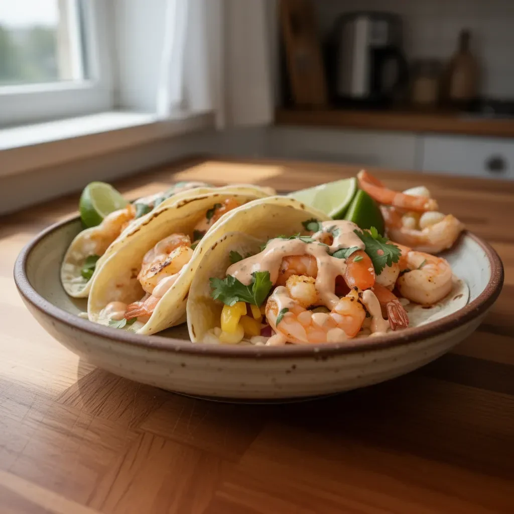 Tacos z krewetkami Baja z pysznymi dodatkami i świeżymi składnikami.