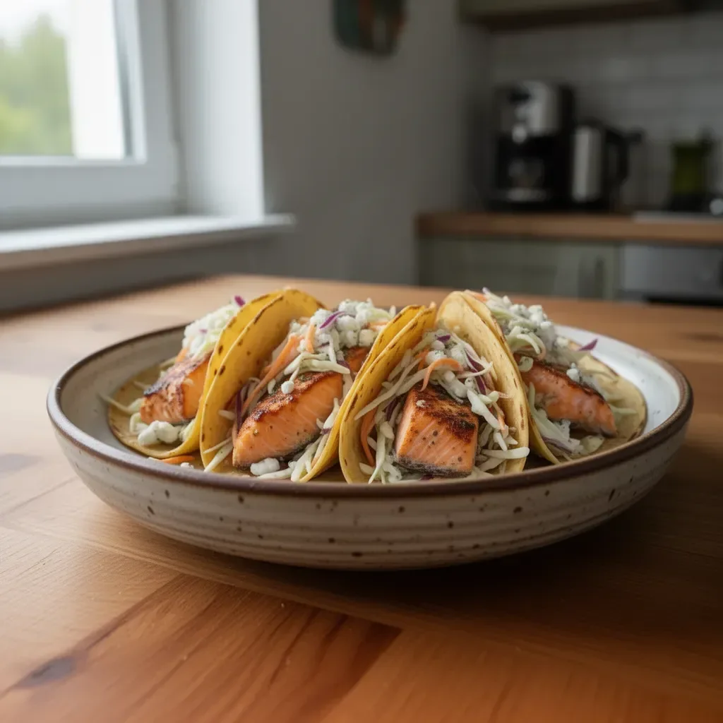 Tacos z łososia z frytkownicy powietrznej z surówką na talerzu