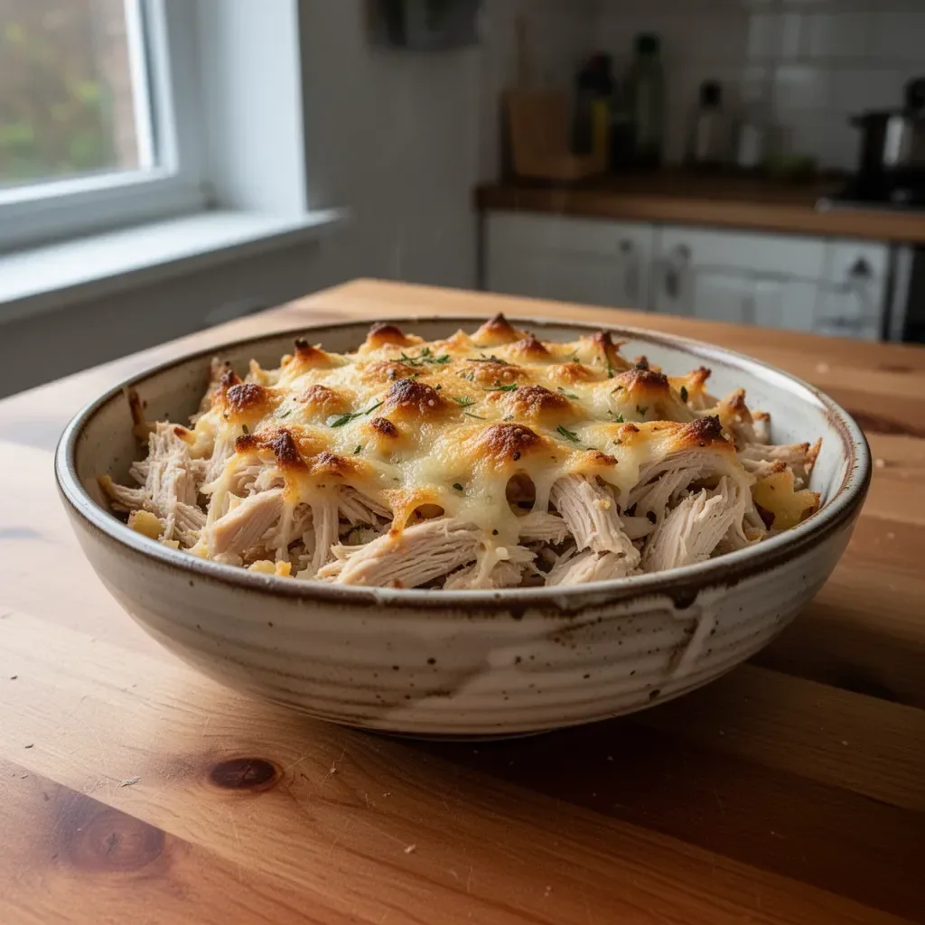 Zapiekanka z kurczaka rotisserie na talerzu, idealna na szybki obiad