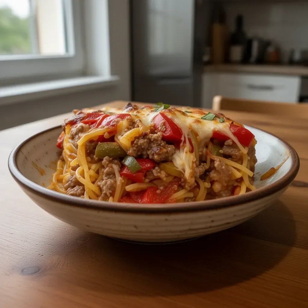 Zapiekanka z makaronem spaghetti, kiełbasą i papryką na talerzu