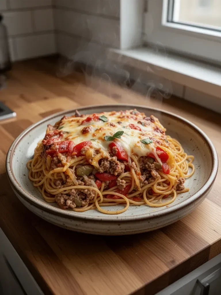 Zapiekanka z makaronem spaghetti z kiełbasą i papryką
