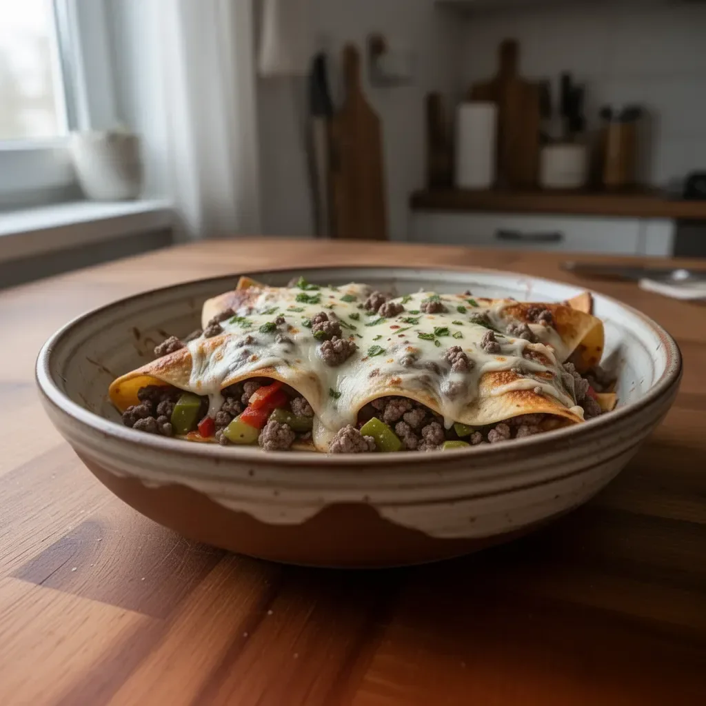Zapiekanka z mielonego sarny z zielonymi enchiladami na talerzu