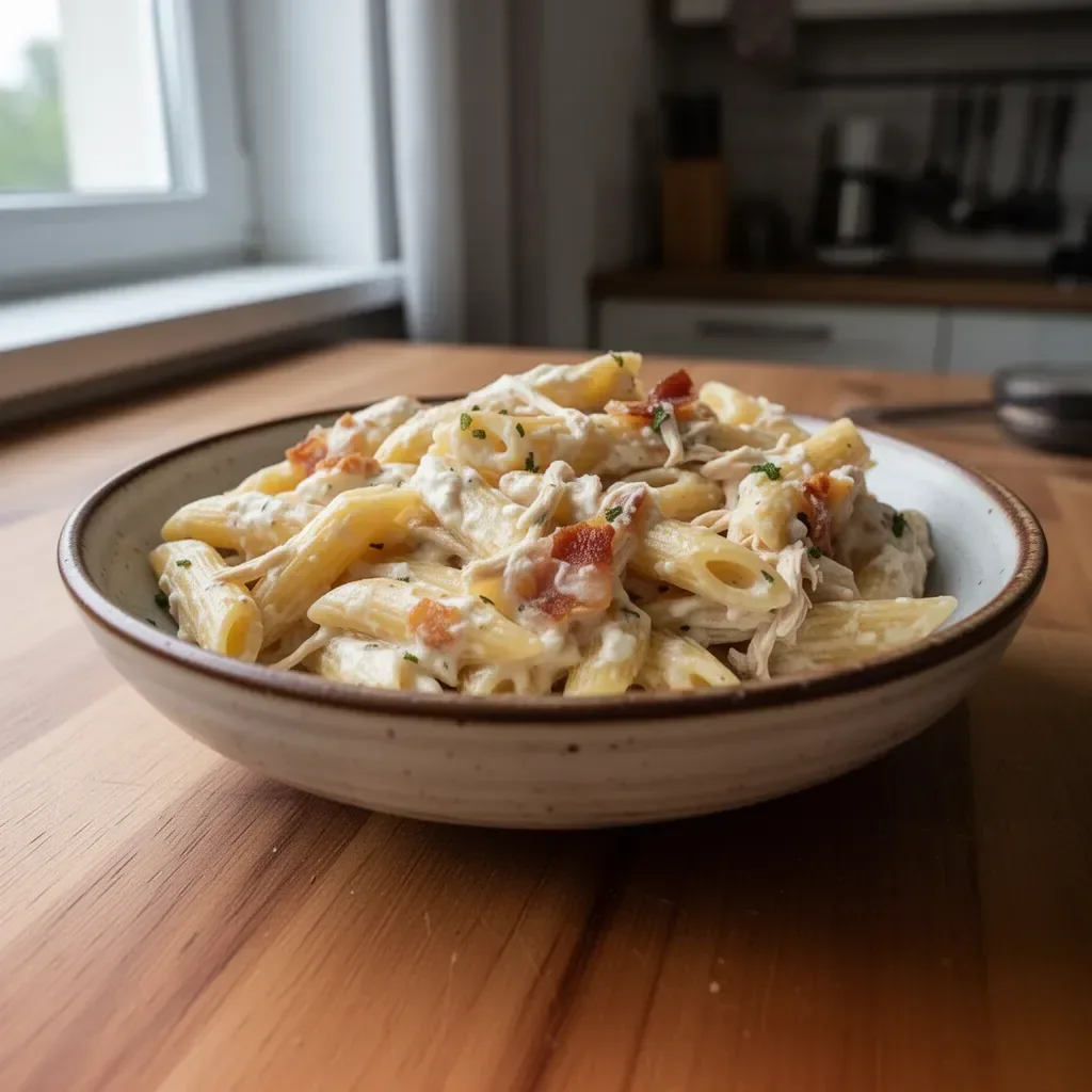 Zapiekanka z penne, kurczakiem i boczkiem na talerzu