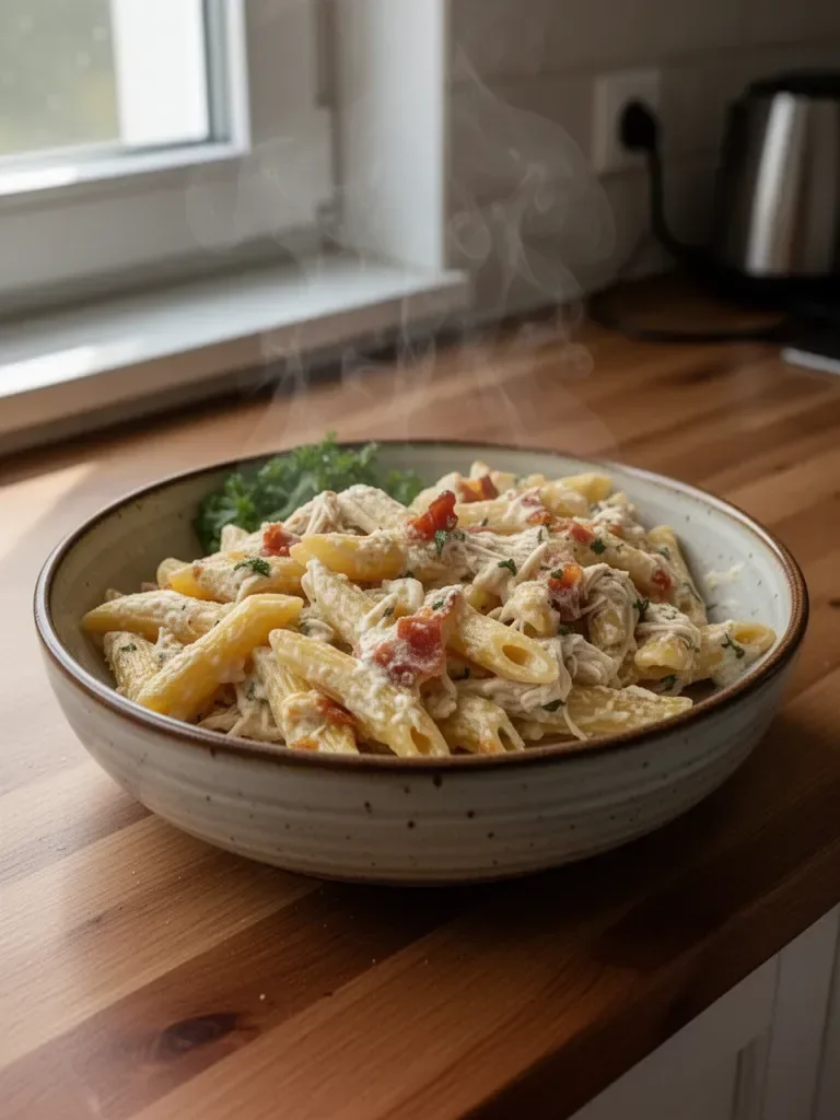 Zapiekanka z penne z kurczakiem i boczkiem
