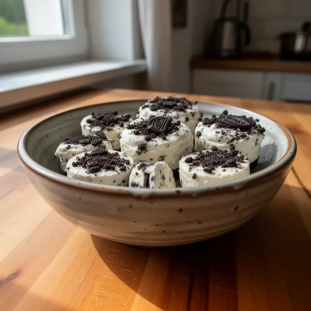 Zdrowe Oreo Cheesecake Bites bez pieczenia na stole
