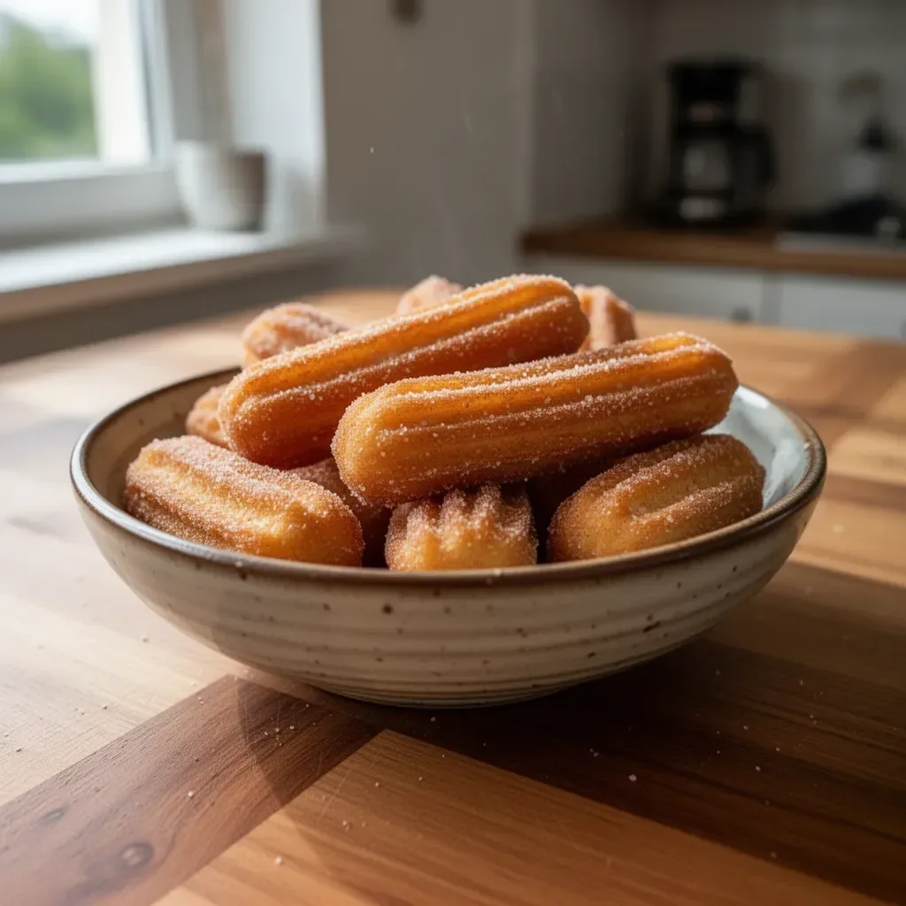 Zdrowe pieczone churro na talerzu z cynamonem i cukrem pudrem