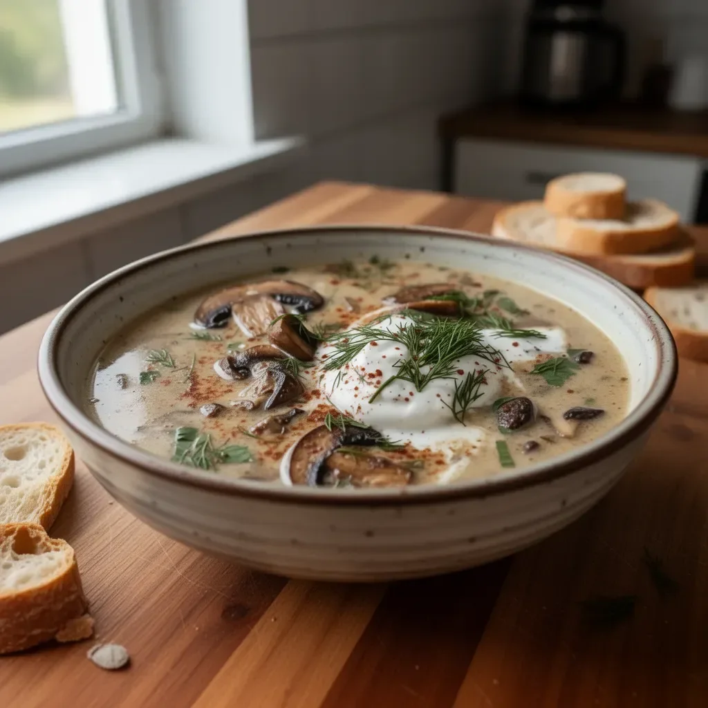 Zupa grzybowa po węgiersku w misce z świeżymi grzybami i natką pietruszki.