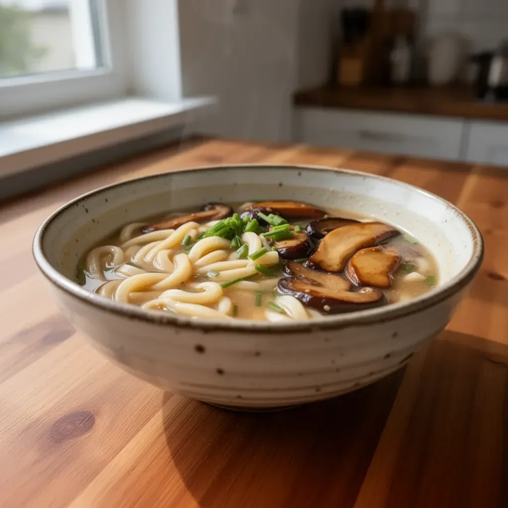 Zupa Noodle Udon z Miso i Teriyaki Pieczarkami na talerzu