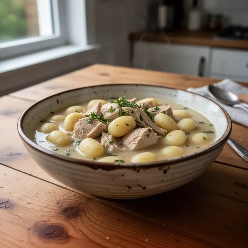 Zupa z gnocchi z kurczakiem podana w misce