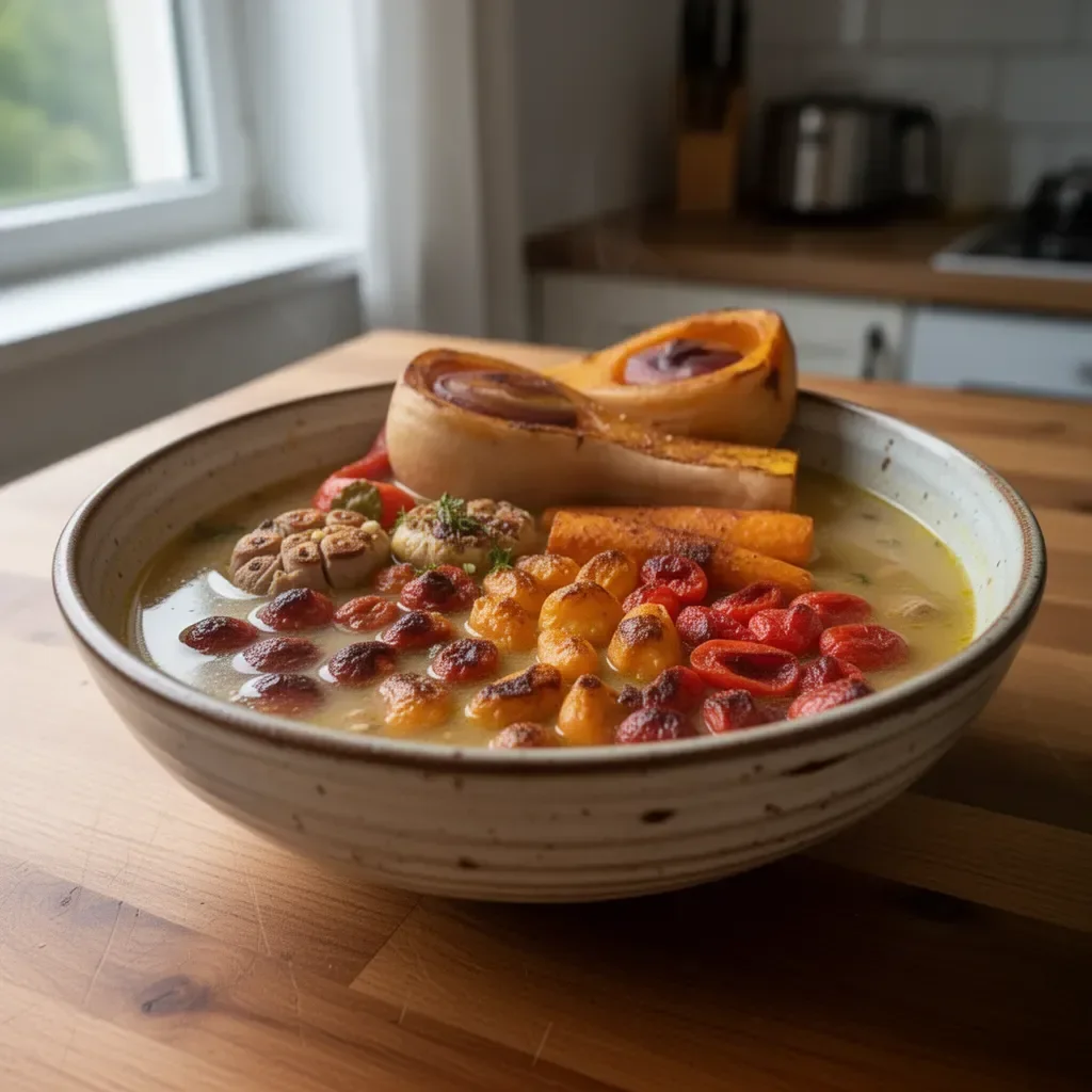 Zupa z pieczonego miętusa z świeżymi ziołami i warzywami.