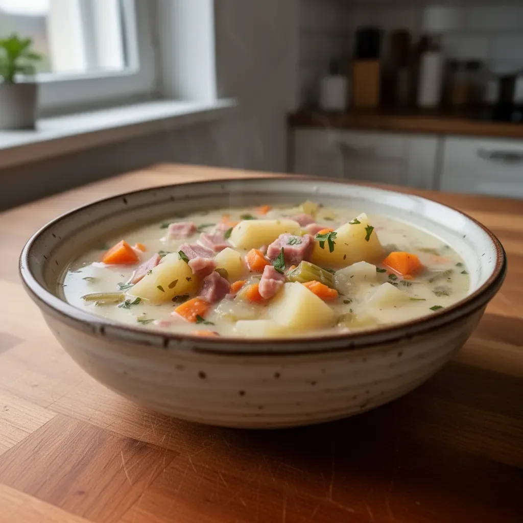 Zupa z szynką i ziemniakami w misce, idealna na rodzinny obiad