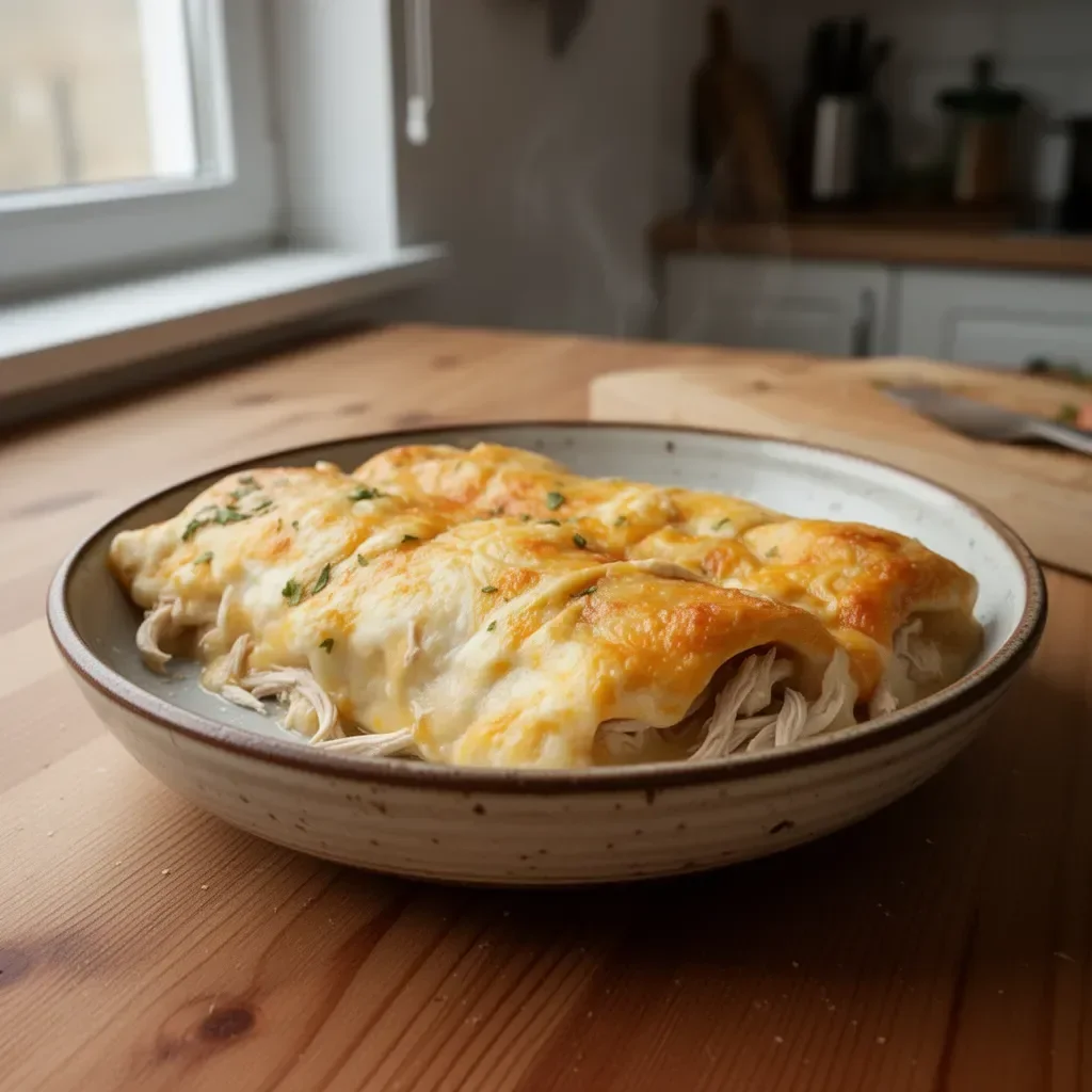 Białe enchilady z kurczaka na talerzu z dodatkami