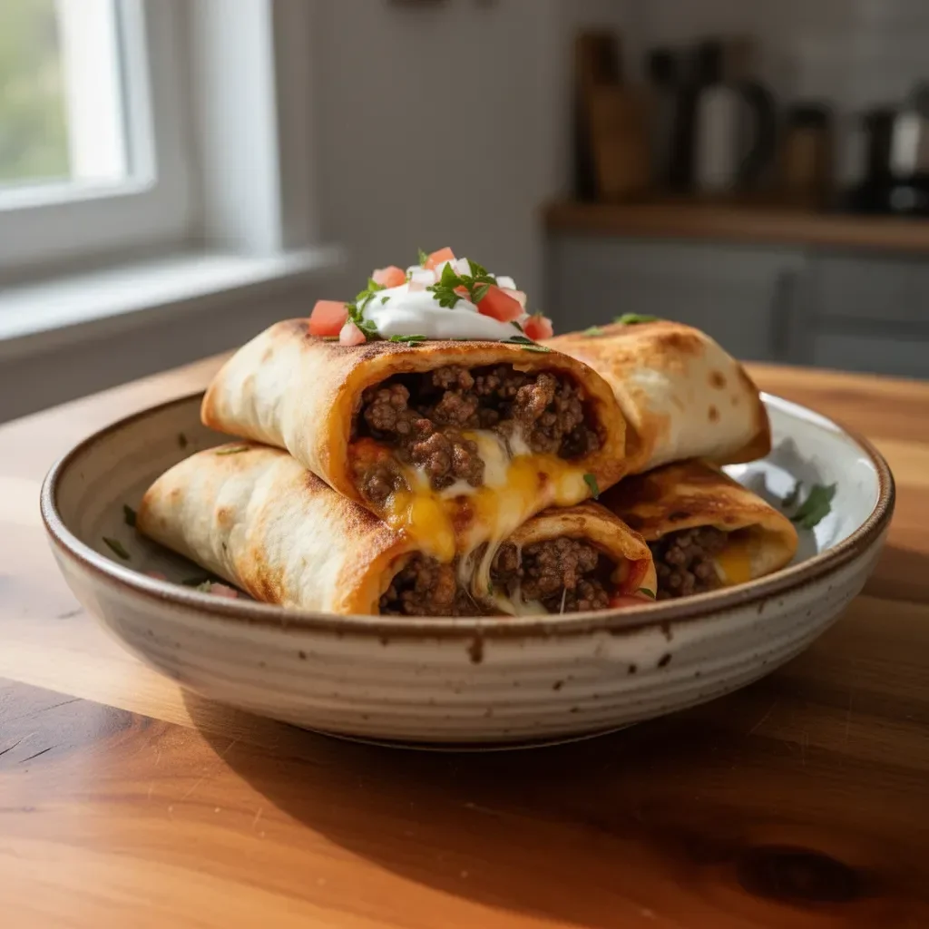 Chimichangi wołowe z serem podane na talerzu