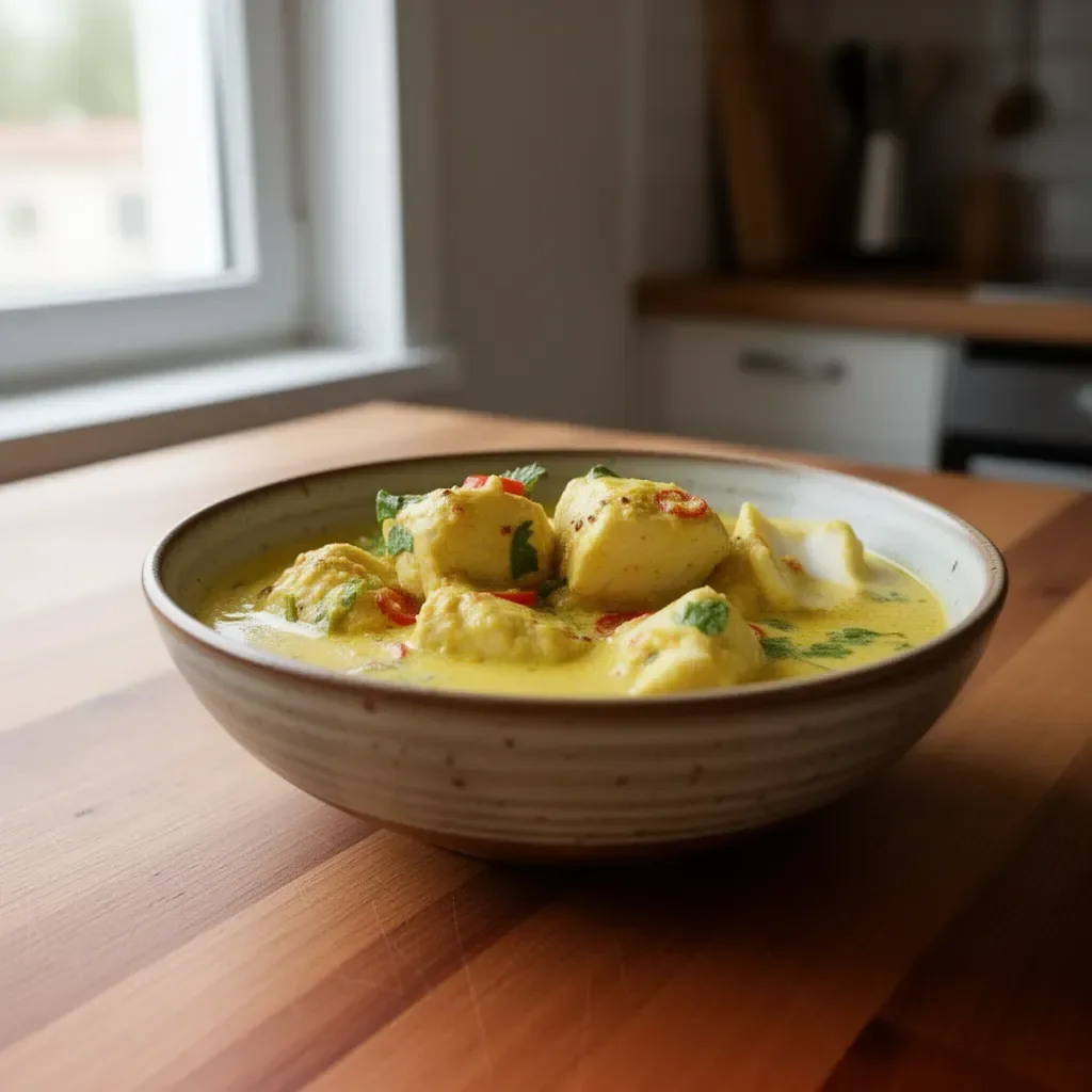 Curry rybne z kokosem na talerzu, podane z ryżem i świeżą kolendrą